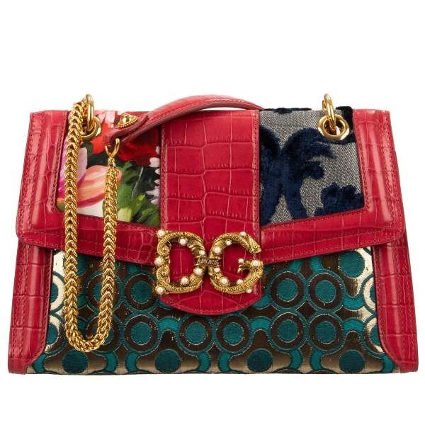 Dolce & Gabbana Patchwork Brocade Leather Shoulder Bag DG AMORE