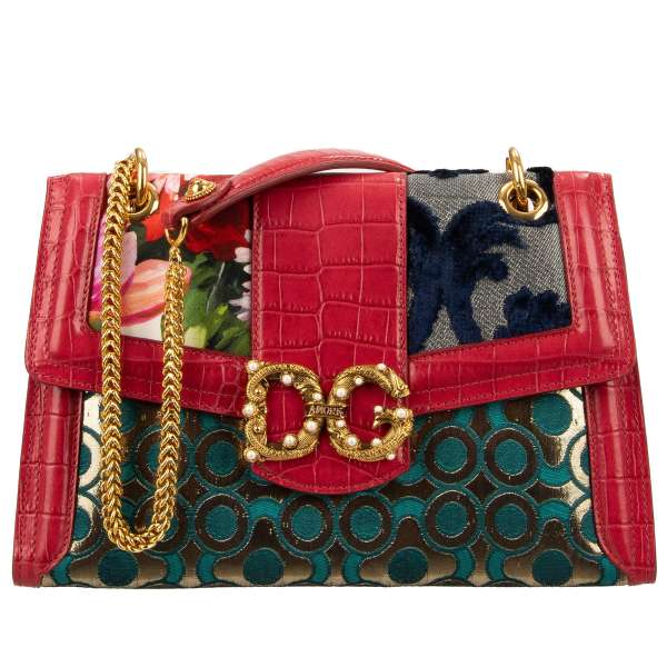 Patchwork Shoulder Bag DG AMORE made of brocade and crocodile textured leather with floral pattern, chain strap and decorative brass vintage logo by DOLCE & GABBANA