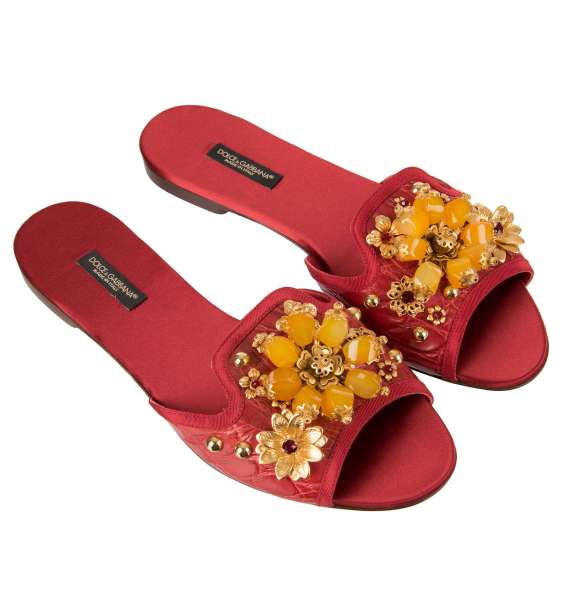 Cayman Leather Slides Sandals BIANCA embellished with crystals and brass brooches by DOLCE & GABBANA