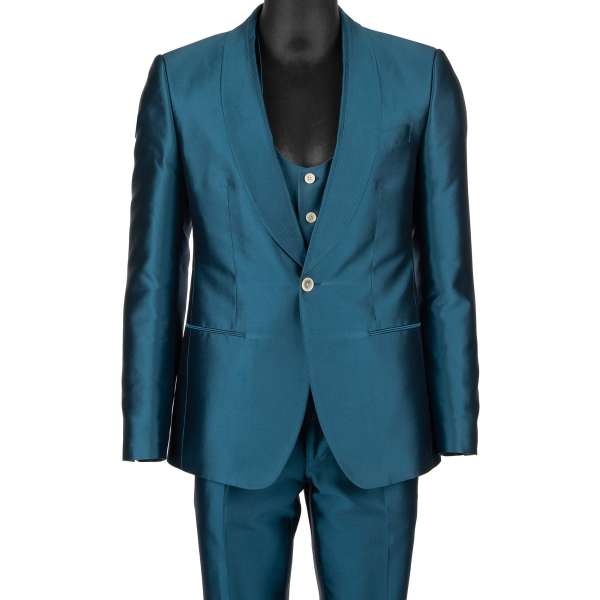 Silk 3 piece suit, jacket, waistcoat, pants in blue by DOLCE & GABBANA 