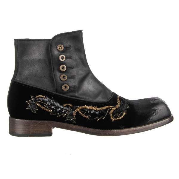 Baroque Style Boots VATICANO made of velvet and leather with sequins and metal sema embroidery by DOLCE & GABBANA