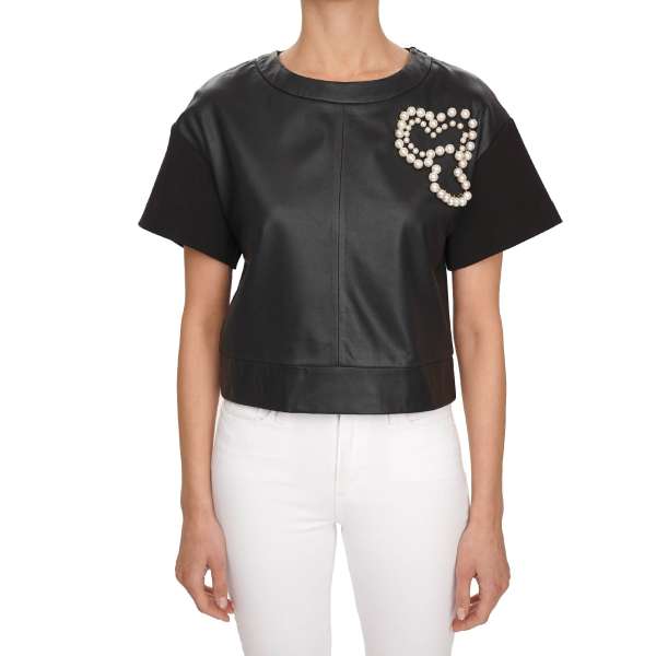 Wide cut top made of leather and fabric with pearls heart embroidery by MOSCHINO BOUTIQUE
