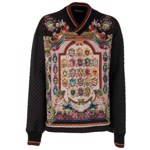 Oversize gestepptes Sweatshirt / Longsleeve Pullover mit Sizilien Wappen und Logo Print und Strick Details aus Kaschmir von DOLCE & GABBANA
