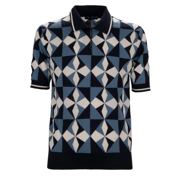 Silk Polo Shirt with Gio Ponti Design and button fastening in blue and white by DOLCE & GABBANA