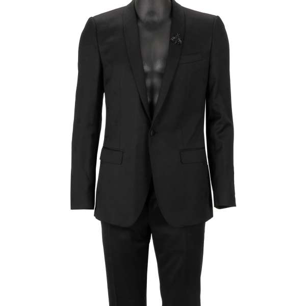 Virgin wool crown pattern suit with crystal bee on the silk shawl lapel in black by DOLCE & GABBANA 