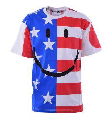 COUTURE Wide Cut Cotton T-Shirt with Flags Print White Blue