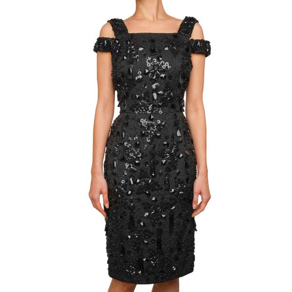  Floral Brocade dress with embroidered crystals, pearls and sequins in black by DOLCE & GABBANA