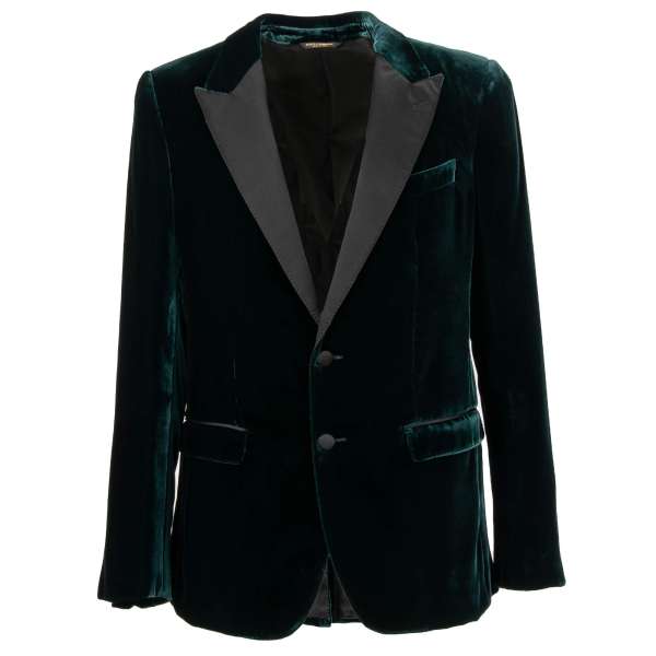Velvet blazer with peak lapel and pockets in black and dark green by DOLCE & GABBANA