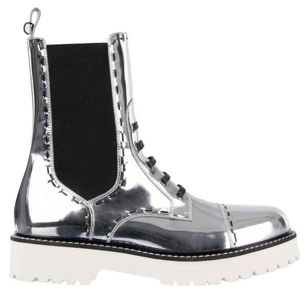 Plateau leather boots BIKER with stitching in silver by DOLCE & GABBANA Black Label