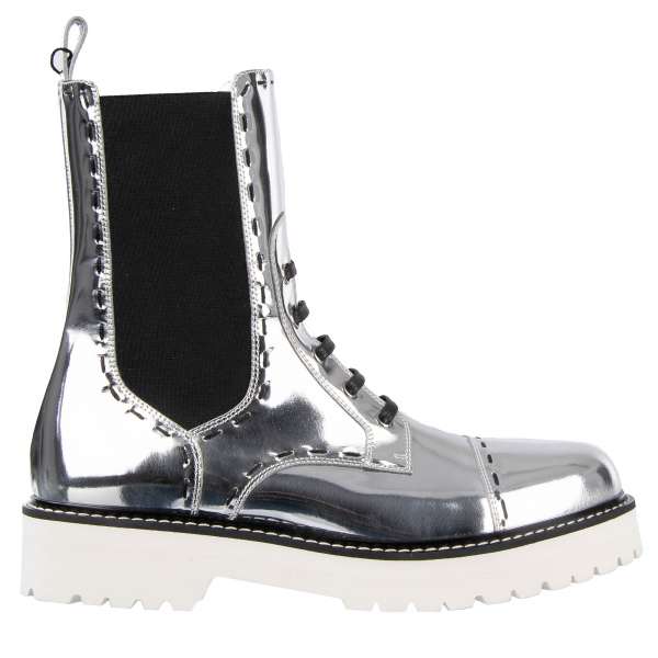 Plateau Stiefel BIKER aus durchgenähten Leder in Silber von DOLCE & GABBANA Black Label