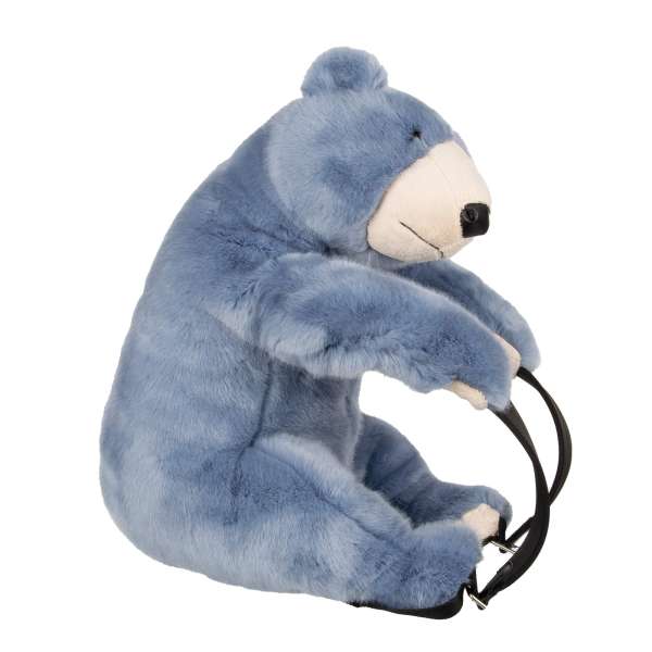 Unisex Faux Fur Backpack Bag as Plush Bear Toy with adjustable straps, embroidered DG Logo and zip pocket in blue by DOLCE & GABBANA