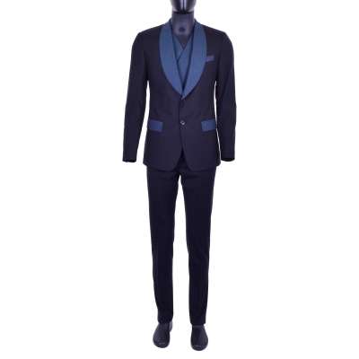 3-Piece Virgin Wool Tuxedo Style Suit Black Blue 58 3XL