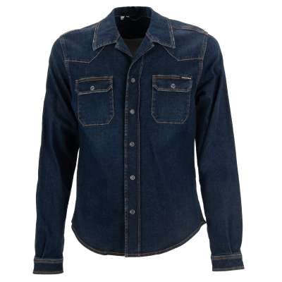 DG Metall Gold Logo Denim Jeans Druckknopf Hemd Blau  