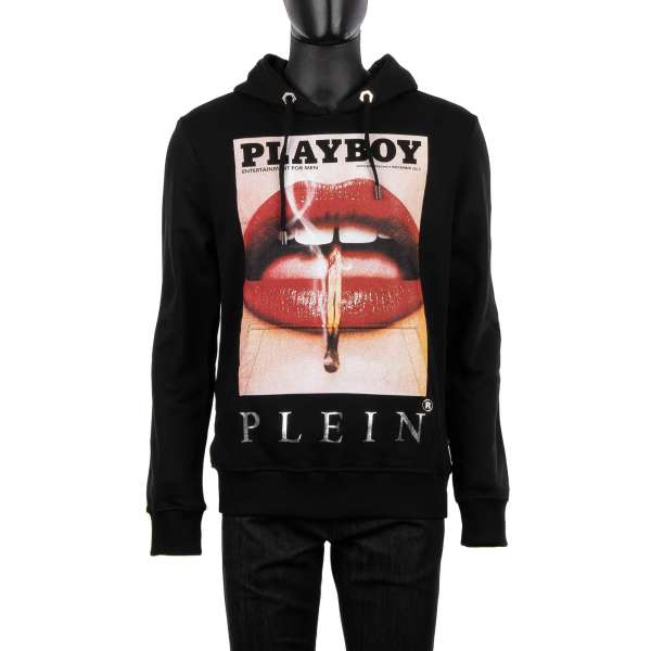 Hoody with a graphic print of a magazine cover of of Lauren Young's lips at the front and 'Playboy Plein' lettering printed at the back by PHILIPP PLEIN x PLAYBOY