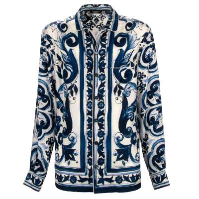 Majolica Silk Shirt with Pocket Blue White 40 M
