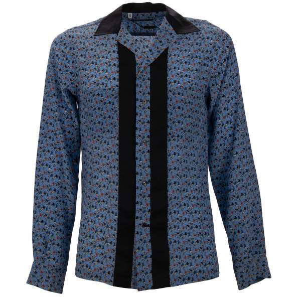 Hemd RIVIERA aus Seide mit offenem Kragen, Kontrast Streifen und Fußball Motiv Print von DOLCE & GABBANA