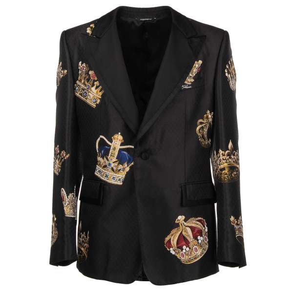 Baroque crowns silk blend tuxedo / blazer with contrast black peak lapel in black and gold by DOLCE & GABBANA