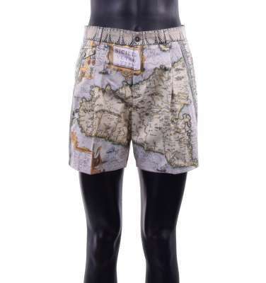 Baumwolle Shorts mit Sicily Print und Taschen Beige