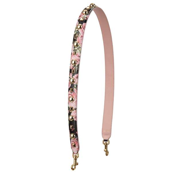 Roses Print Dauphine leather bag Strap / Handle with pearls and crystal flowers applications in pink, red and gold by DOLCE & GABBANA