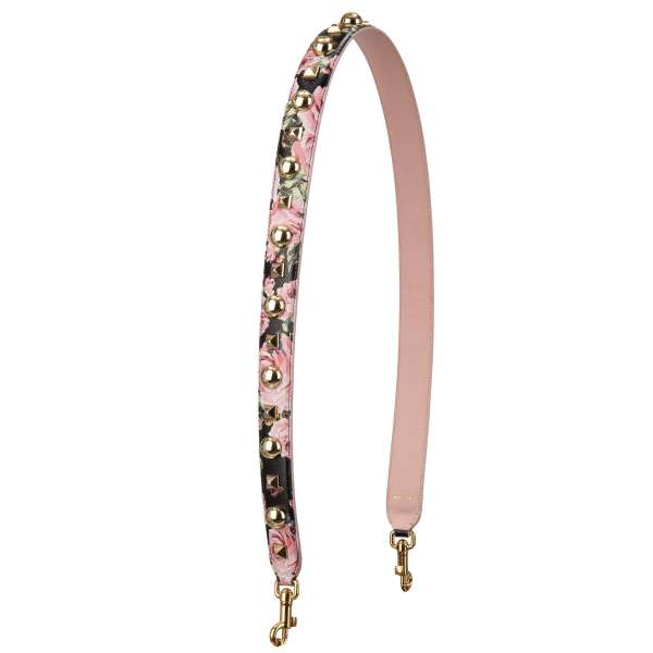 Rosen Print Schulterriemen für Tasche aus Dauphine Leder mit Nieten und Perlen Applikationen in Pink, Schwarz und Gold von DOLCE & GABBANA