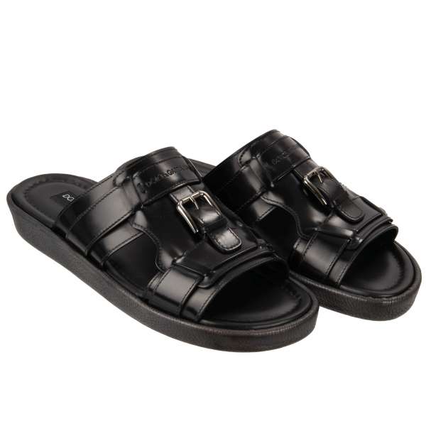 Glattleder Slide Sandalen MEDITERRANEO mit Logo Textur und Schnalle von DOLCE & GABBANA