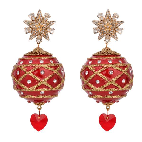 Crystal Star and Ball Clip Earrings adorned with crystals and heart in red and gold by DOLCE & GABBANA