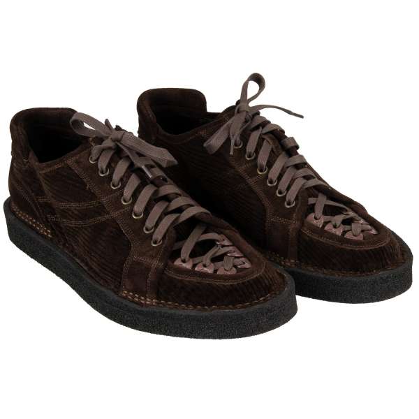 Cord Fabric and Calf Leather Low-Top Sneaker MODIGLIANI with lace in brown by DOLCE & GABBANA