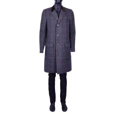 Houndstooth Virgin Wool Coat with Velvet Collar Brown Gray
