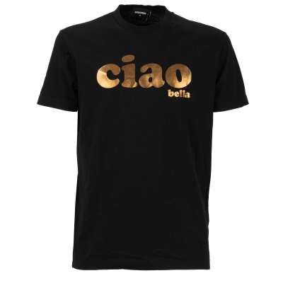 Cotton T-Shirt CIAO BELLA Logo Application Gold Black
