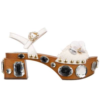 Wood Raffia Pumps Sandals ARAGONA with Crystals and Maria Pendants 39 9