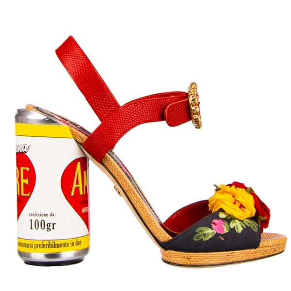 Leather and Viscose High Heel Sandals KEIRA with floral applications, Amore can leather block heel and crystals buckle by DOLCE & GABBANA