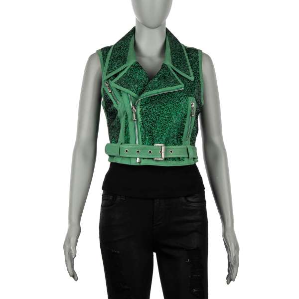 Leather short Biker Style Vest Jacket AHOI embellished with Swarovski crystals in green by PHILIPP PLEIN COUTURE