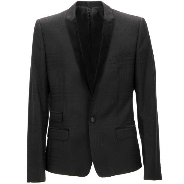 Velvet collar wool tuxedo / blazer with checked pattern in black by DOLCE & GABBANA