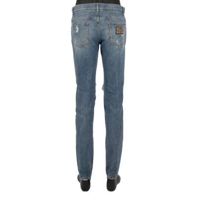 Distressed 5-Pockets Jeans Hose SKINNY Metall Logo Schild Blau 48 M  
