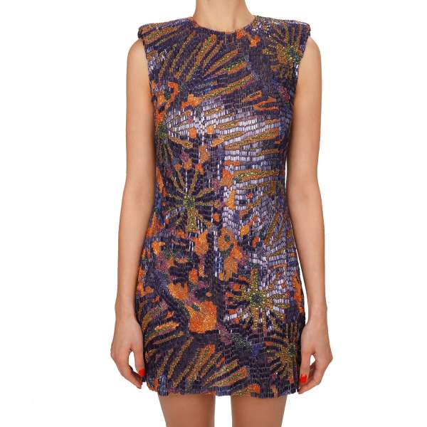 Pearls and crystals embroidered tulle mini dress in purple, orange and green by DSQUARED2