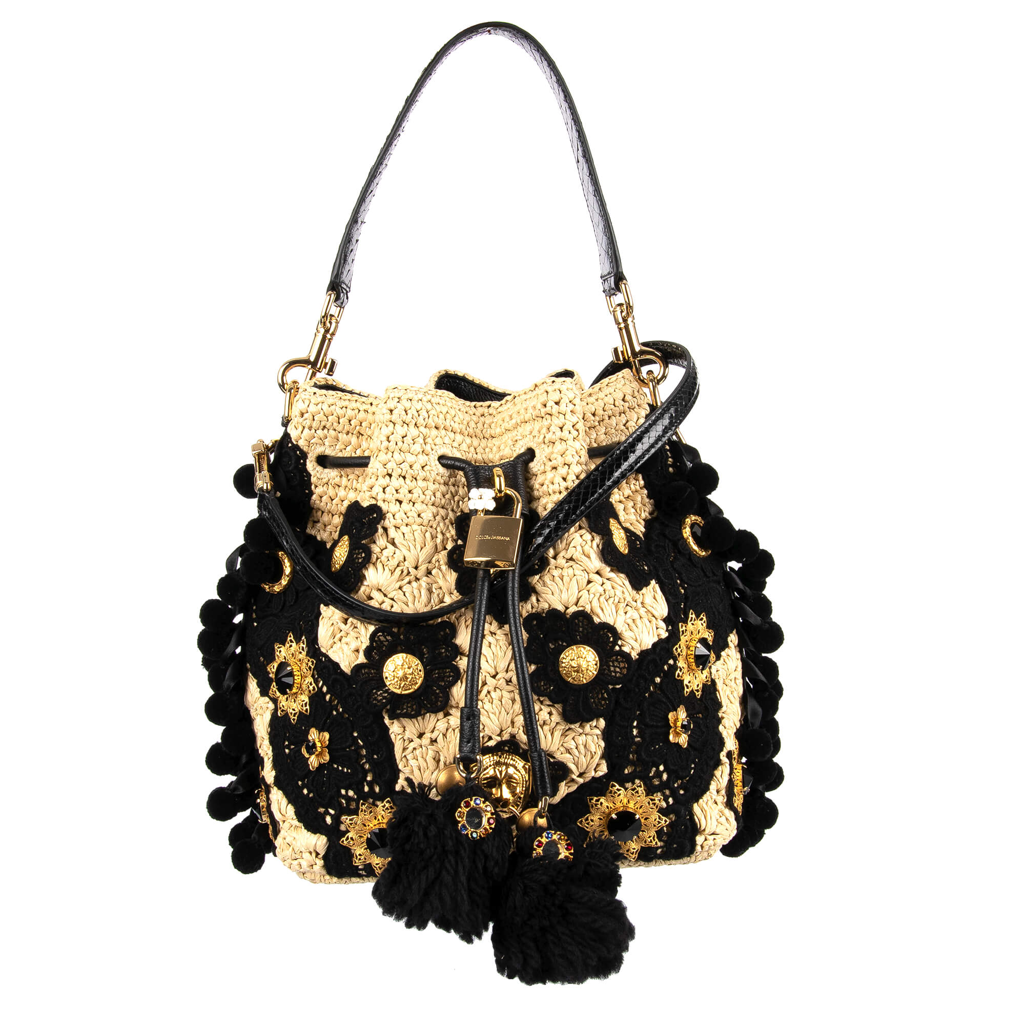 Dolce & Gabbana Raffia Bucket Bag CLAUDIA Beige Black | FASHION ROOMS