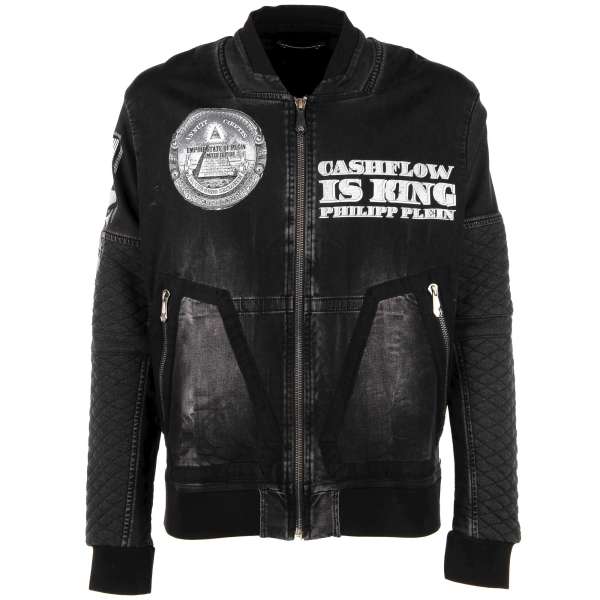 Denim Jacke CURRY mit Dollar Motiv Prints auf Vorder- und Rückseite und Taschen mit Reißverschluss von PHILIPP PLEIN