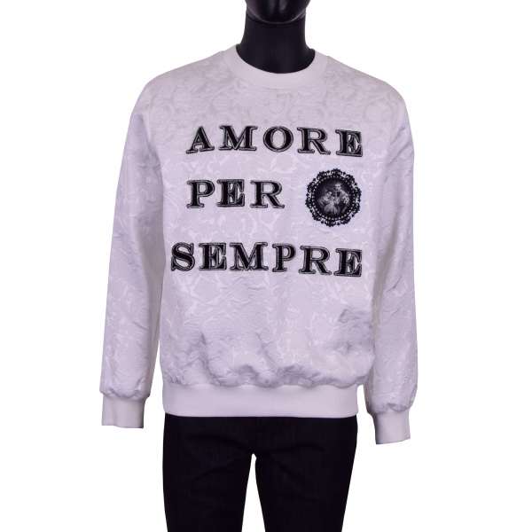 Brocade Sweater / Sweatshirt with embroidered picture and inscription AMORE PER SEMPRE in white and black by DOLCE & GABBANA
