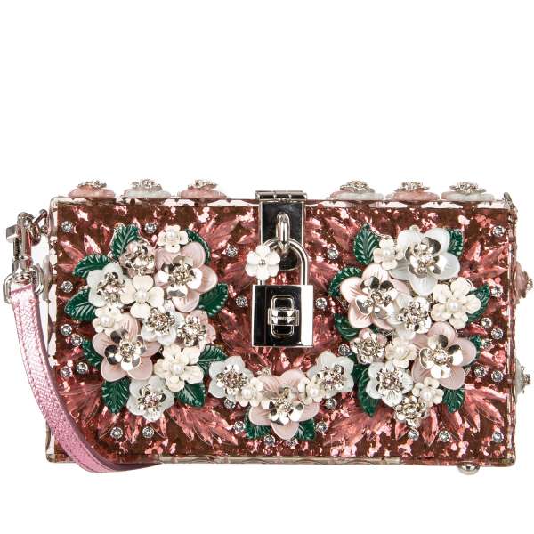 Unique pink glitter plexiglass clutch / evening bag DOLCE BOX with multicolor flowers and crystals applications and decorative padlock by DOLCE & GABBANA