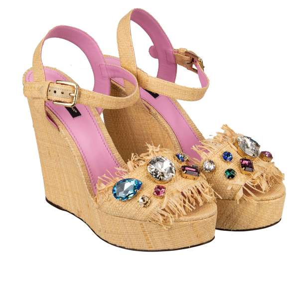 Woven Raffia Plateau Sandals / Wedges BIANCA embellished with multicolored crystals in beige by DOLCE & GABBANA