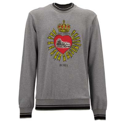Cotton Sweater Milano Roma with Heart and Crown Print Gray