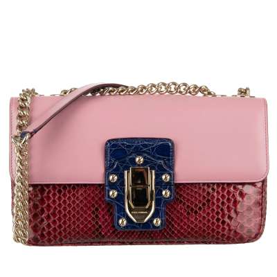 Snake Caiman Leather Shoulder Bag LUCIA with Chain Strap Red Pink
