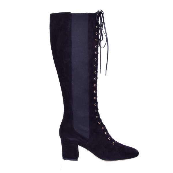 Knee-High soft suede boots ALEXA with elastic inserts and lace-up fastening by DOLCE & GABBANA Black Label