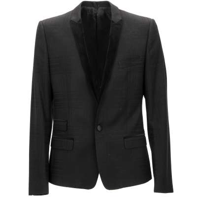 Velvet Collar Checked Wool Tuxedo Blazer Black 48 38 M