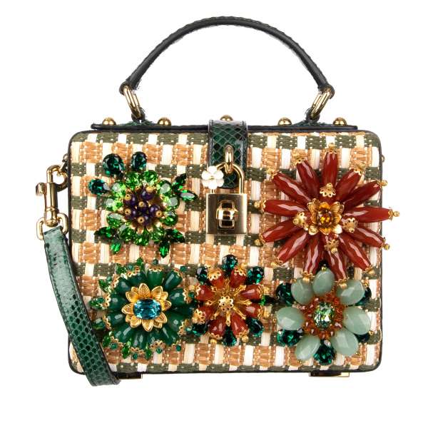 Unique handmade snakeskin and raffia clutch / shoulder bag DOLCE BOX with massive floral crystals applications and decorative padlock by DOLCE & GABBANA