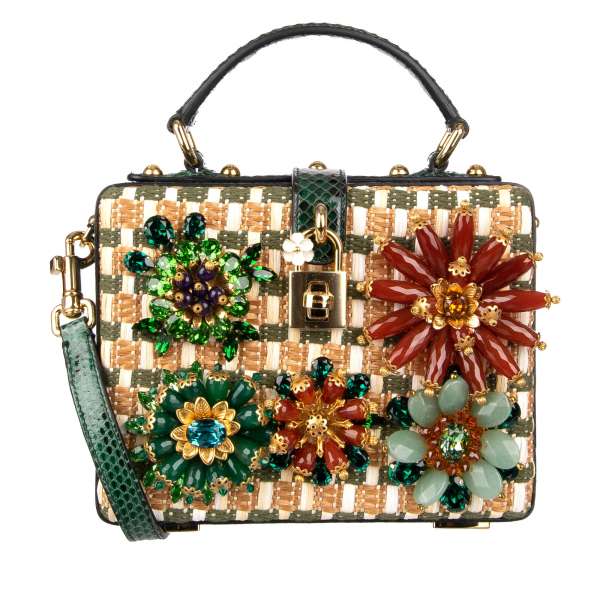 Einzigartige Tasche / Clutch DOLCE BOX aus Schlangenleder und Raffia mit massiven floralen Applikationen aus Kristallen und dekorativem Schloß von DOLCE & GABBANA