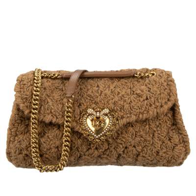 Wool Crochet Shoulder Bag DEVOTION Large with Jeweled Heart Camel Brown