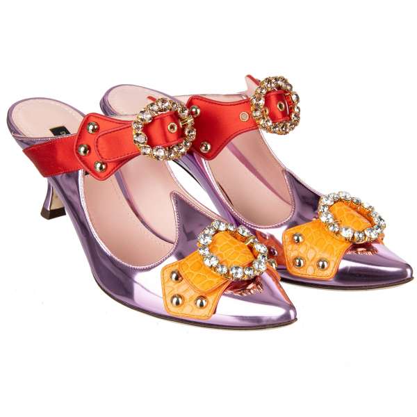 Pointed metallic leather Mule Pumps ALADINO in pink with two crystals embellished buckles and studs by DOLCE & GABBANA