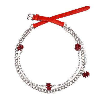 Rose Roses Lizzard Structure Leather Chain Belt Red Silver