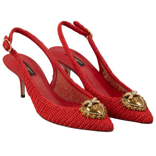 Pointed Raffia woven Slingbacks Pumps DEVOTION with Pearl DG Heart Brooch in red by DOLCE & GABBANA